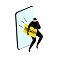 Cyber hackers stealing a user`s password from a smartphone wallet. Vector illustration in flat cartoon style.