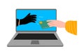 Cyber hackers thieves hand in laptop stealing money from a user s hand online. Vector illustration in flat cartoon style Royalty Free Stock Photo