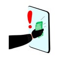 Cyber hackers thieves hand stealing money from a smartphone online wallet, credit. Vector illustration in flat cartoon