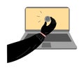 Cyber hackers thieves hand stealing user information from the laptop. Vector illustration in flat cartoon style.