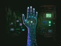 Cyber hand with microchips and microcircuitry neon glowing, reliable computer service Royalty Free Stock Photo