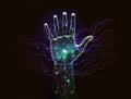 Cyber hand with microchips and microcircuitry neon glowing, reliable computer service Royalty Free Stock Photo