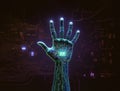 Cyber hand with microchips and microcircuitry neon glowing, reliable computer service Royalty Free Stock Photo