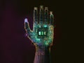 Cyber hand with microchips and microcircuitry neon glowing, reliable computer service Royalty Free Stock Photo