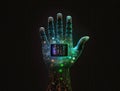 Cyber hand with microchips and microcircuitry neon glowing, reliable computer service Royalty Free Stock Photo