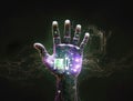 Cyber hand with microchips and microcircuitry neon glowing, reliable computer service Royalty Free Stock Photo