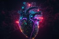 Cyber heart of Artificial Intelligence. Wires and circuit attached. Futuristic synthetic life. Generative AI