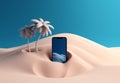 summer cyber sea up concept phone mock sand holiday palm creative. Generative AI.