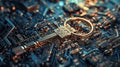 Cyber key on abstract dark data space background, digital protection of computer information. Concept of technology, lock, secure