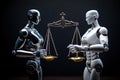 Cyber law concept with robots and a law scale. Generative AI