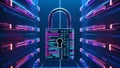 Cyber lock pattern, neon holograms, deep blue cyber field, encrypted digital world, secure data visualization, futuristic padlock