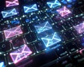 Cyber mail envelopes hover over a keyboard visualizing advanced electronic mail systems