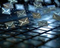 Cyber mail envelopes hover over a keyboard visualizing advanced electronic mail systems
