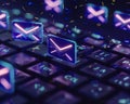 Cyber mail envelopes hover over a keyboard visualizing advanced electronic mail systems