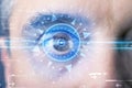 Cyber man with technolgy eye looking into blue