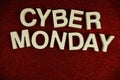Cyber Monday alphabet letters on red glitter background