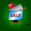 Cyber Monday. Banner. A computer monitor in the form of a shopping cart on wheels with purchases. Sale on the screen