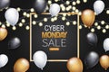 Cyber Monday banner design template. Big sale advertising promo concept with balloons, glowing garland, shop now button, and typog Royalty Free Stock Photo