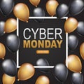 Cyber Monday banner design template. Big sale advertising promo concept with balloons, shop now button, and typography text in a f Royalty Free Stock Photo