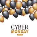 Cyber Monday banner design template. Big sale advertising promo concept with balloons, shop now button and typography text. Royalty Free Stock Photo