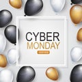 Cyber Monday banner design template. Big sale advertising promo concept with balloons, shop now button, and typography text. Websi Royalty Free Stock Photo