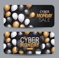 Cyber Monday banner design template. Big sale advertising promo round corner discount card or voucher concept with balloons, shop Royalty Free Stock Photo