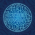 Cyber monday on blue electrical circuit background. Cyber monday sale and discount in web shop and online internet store