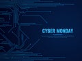 Cyber monday. Circuit board technology traces. Transfer data, electronics techno design. Offer sale background with blue Royalty Free Stock Photo