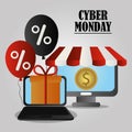 Cyber monday, computer laptop gift money and discount balloons