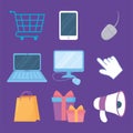 Cyber monday, computer mobile megaphone bag cart gifts icons