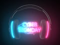 Cyber monday concept with headset. neon text into electric arcs. 3d illustration