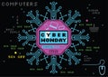 Cyber monday deals banner. Pink blue matrix snowlfake on black background.