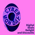 Cyber monday, digital deals, delight and discounts text over pink and blue lights on pink background