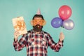 cyber monday. happy birthday to you. male holiday celebration. bearded guy with party balloons and gift box. unshaven