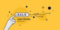 Cyber Monday. Linear minimalistic illustration for sale on yellow background.