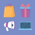 Cyber monday, megaphone laptop gift and bag icons