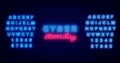 Cyber monday neon lettering sign. Shiny blue alphabet. Luminous emblem. Glowing effect logo. Vector stock illustration