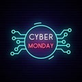 Cyber Monday neon sign board. Bright sale sign.