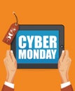 Cyber monday poster in flat design with laptop and hands.