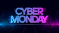 Cyber Monday Retrowave Glitch banner with blue and purple glows with smoke and particles.