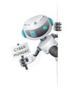 Cyber Monday robot look out corner poster in hand technology science fiction future cute little sale 3d design vector