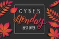 Cyber Monday Sale background with  autumn leaves and handwritting trendy lettering. Best offer. Vector illustration Royalty Free Stock Photo