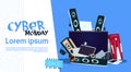 Cyber Monday Sale Banner Design With Pile Of Modern Electronics Gadgets