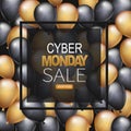 Cyber Monday Sale banner design template. Big sale advertising promo concept with balloons, shop now button, and typography text i Royalty Free Stock Photo