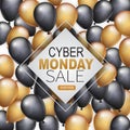 Cyber Monday Sale banner design template. Big sale advertising promo concept with balloons, shop now button, and typography text i Royalty Free Stock Photo