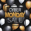 Cyber Monday Sale banner design template. Big discount advertising promo concept with balloons, shop now button, and typography te Royalty Free Stock Photo