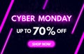 Cyber Monday sale banner in fashionable neon style. Shop now concept. Nightly advertising of sales rebates of Cyber