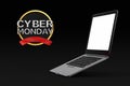 Cyber Monday Sale Banner near Laptop with Blank Screen as Template for Your Design. 3d Rendering Royalty Free Stock Photo