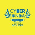 Cyber Monday Sale Banner with 50% Off and Decorative Leaf Elements on Yellow Background Royalty Free Stock Photo