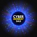 Cyber Monday sale banner with sparkle star and explosion light. Blue and violet glowing signboard, nightly advertising. Annual sal